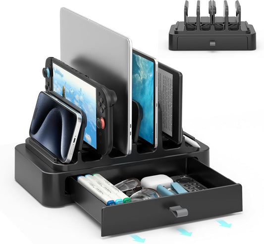 KDD Vertical Laptop Stand with Drawer - 7-in-1 Space-Saving Laptop Holder with Gravity Locking Fits MacBook, Dell, HP, Chromebook, Surface Pro, Tablet, Cell Phone, Switch, Keyboard Desktop Organizer