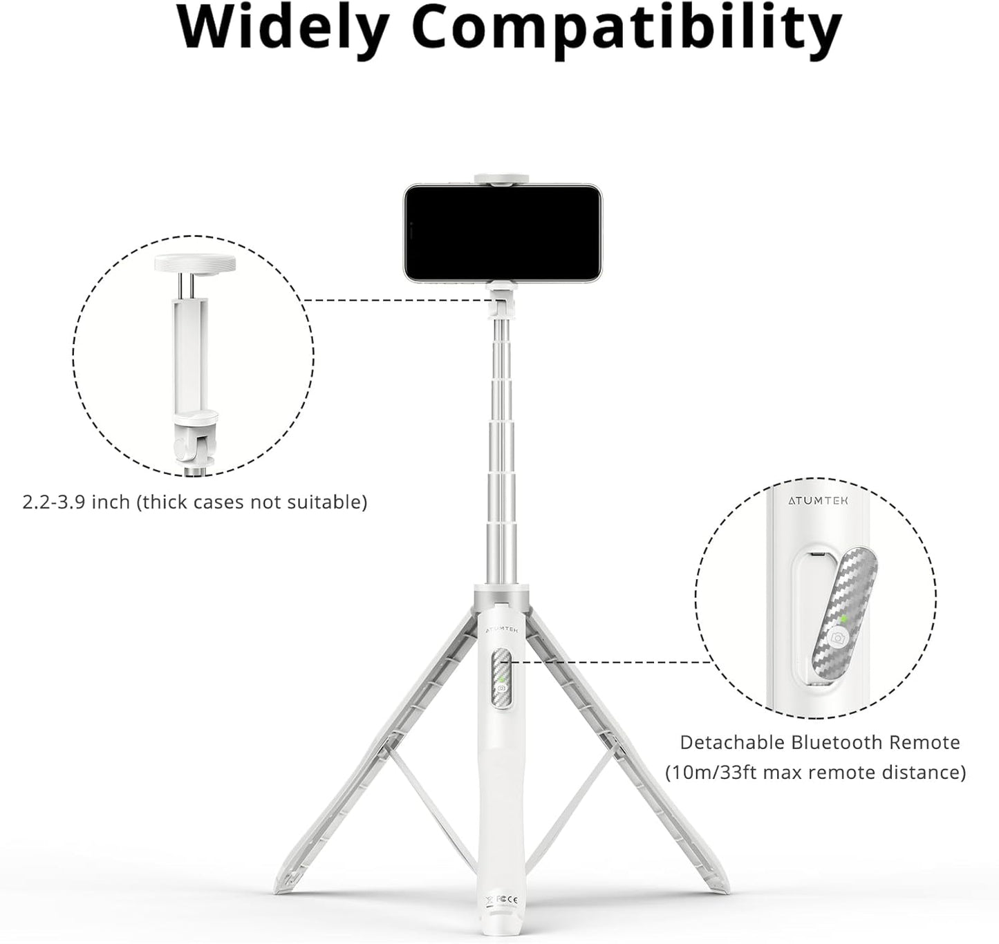 ATUMTEK 51" Selfie Stick Tripod, All in One Extendable Phone Tripod Stand with Bluetooth Remote 360° Rotation for iPhone and Android Phone Selfies, Video Recording, Vlogging, Live Streaming, White