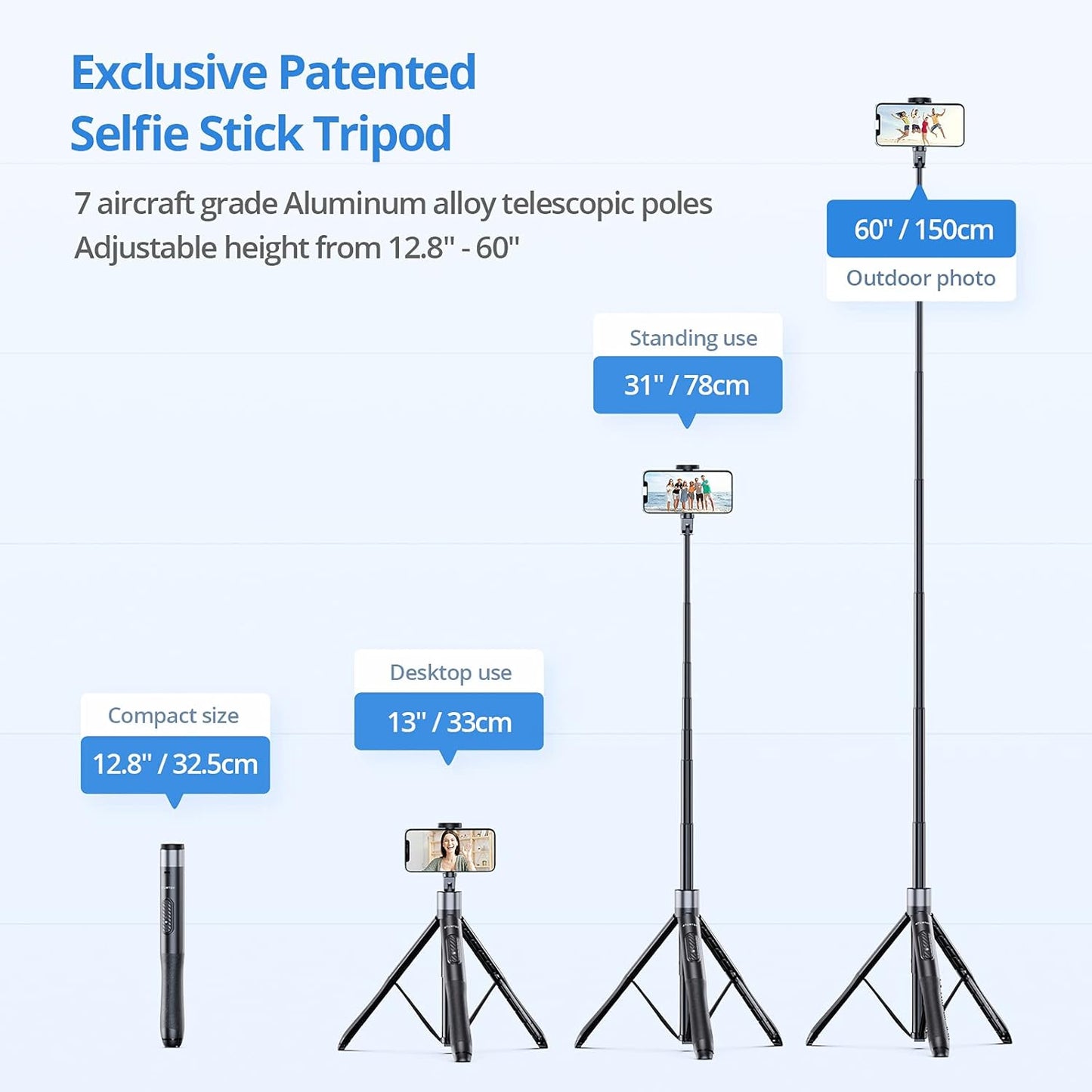 ATUMTEK 60" Selfie Stick Tripod, All in One Extendable Phone Tripod Stand with Bluetooth Remote 360° Rotation for iPhone and Android Phone Selfies, Video Recording, Vlogging, Live Streaming, Black