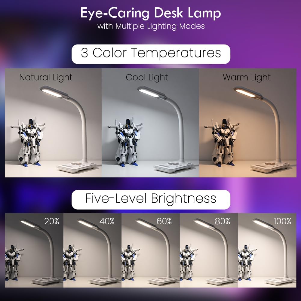 WILIT Desk Lamp with Wireless Charger, Music Sync RGB Color Changing Lights, Gaming Lamp with USB Charging Port, Touch Control Table Lamp, Desktop Light for Home Office Dorm Room, Birthday Gifts