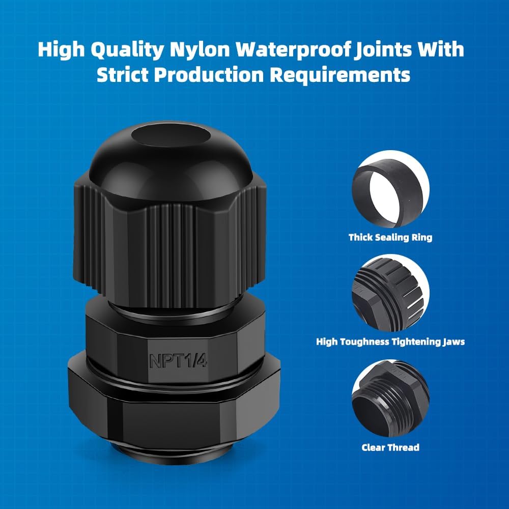 Cable Gland 20 Pack 1/4" NPT Waterproof Adjustable Connector Strain Relief Cord Connectors Joints Nylon with Gaskets…