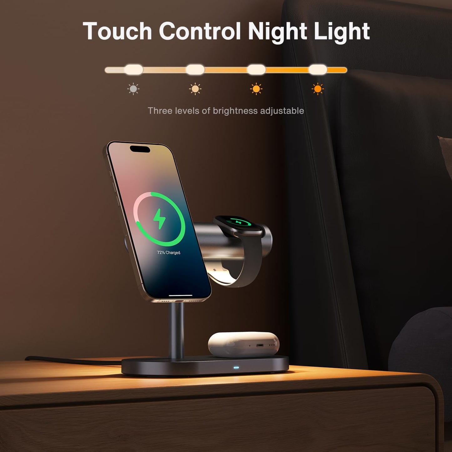 iVANKY 15W Fast Qi2 Certified 4 in 1 Wireless Charger Stand with Nightstand Light for MagSafe Magnetic Charging Station, 25W 3 in 1 Charge for iPhone 17/16/15/14 Plus Pro Max Air,Apple iWatch, Airpods
