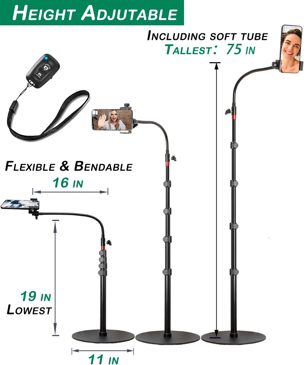 Phone Overhead Stand, Gooseneck Phone Floor Stand, Tall Video Cell Phone Mount with Height Adjustable Stand, Heavy Base, 360 Head, Works with iPhone 16, 16 Pro Max, 16 Plus, 15, 14, 13