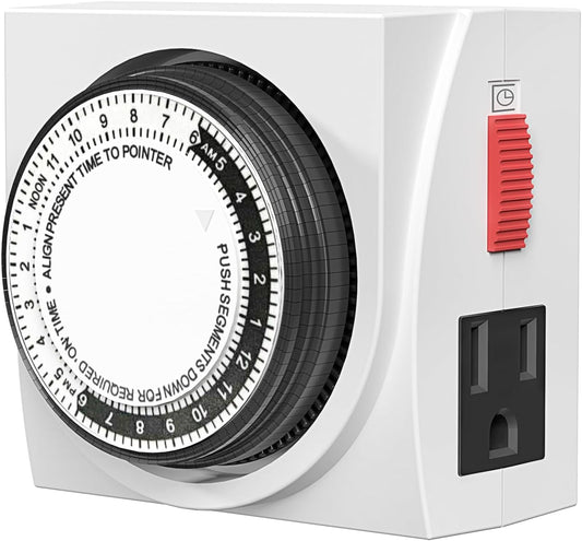 BN-LINK Heavy Duty Mechanical 24 Hour Timer Dual Outlet 3-Prong Accurate Indoor for Lamps Fans Christmas Lights White AC 1875W 1/2 HP, ETL Listed