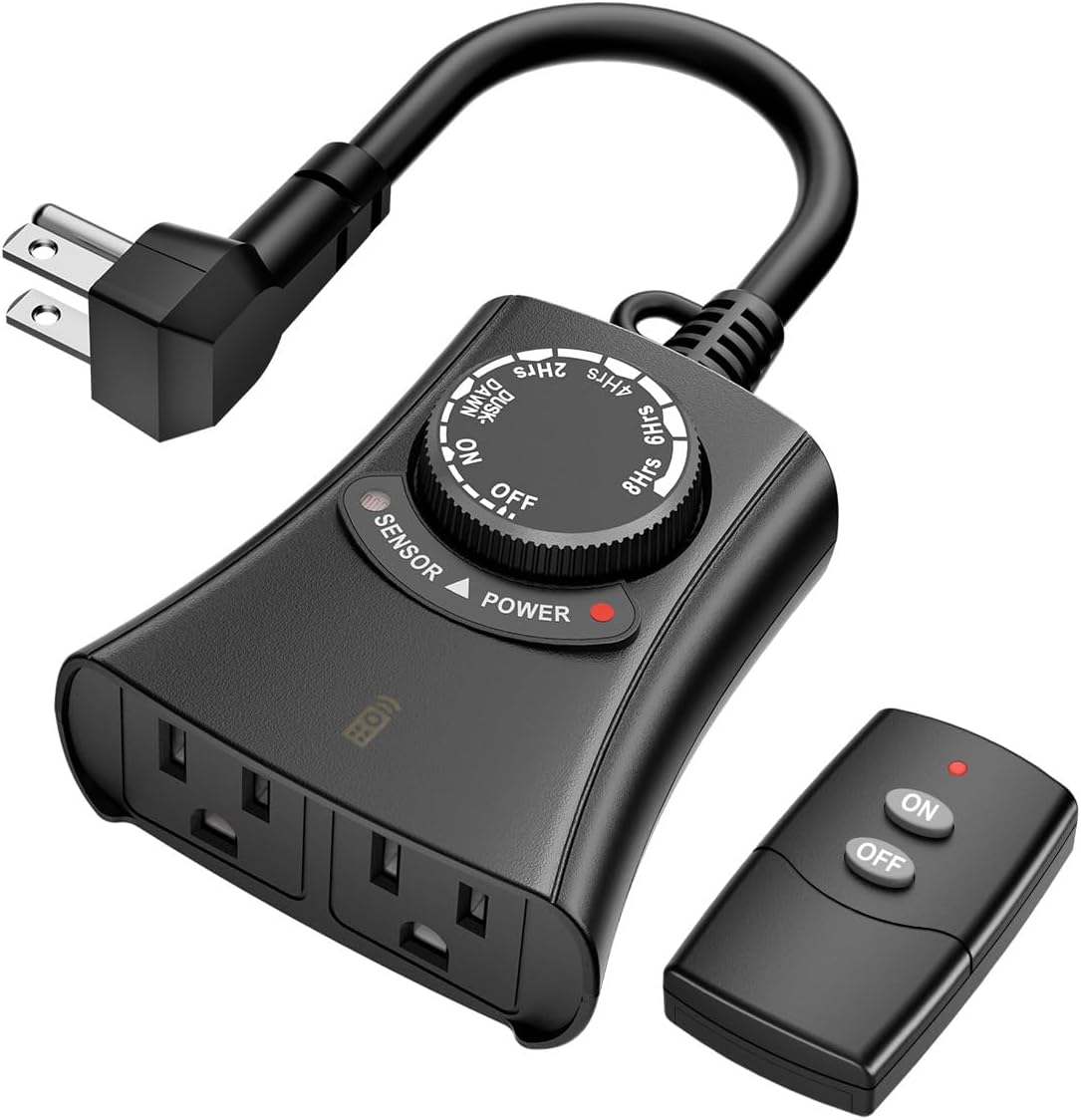 HBN Outdoor Light Timer with Remote Control, Waterproof Light Sensor Timer, 100 ft Wireless Range, 2 Grounded Outlets for Christmas Lights, 15A 1/2HP Heavy Duty