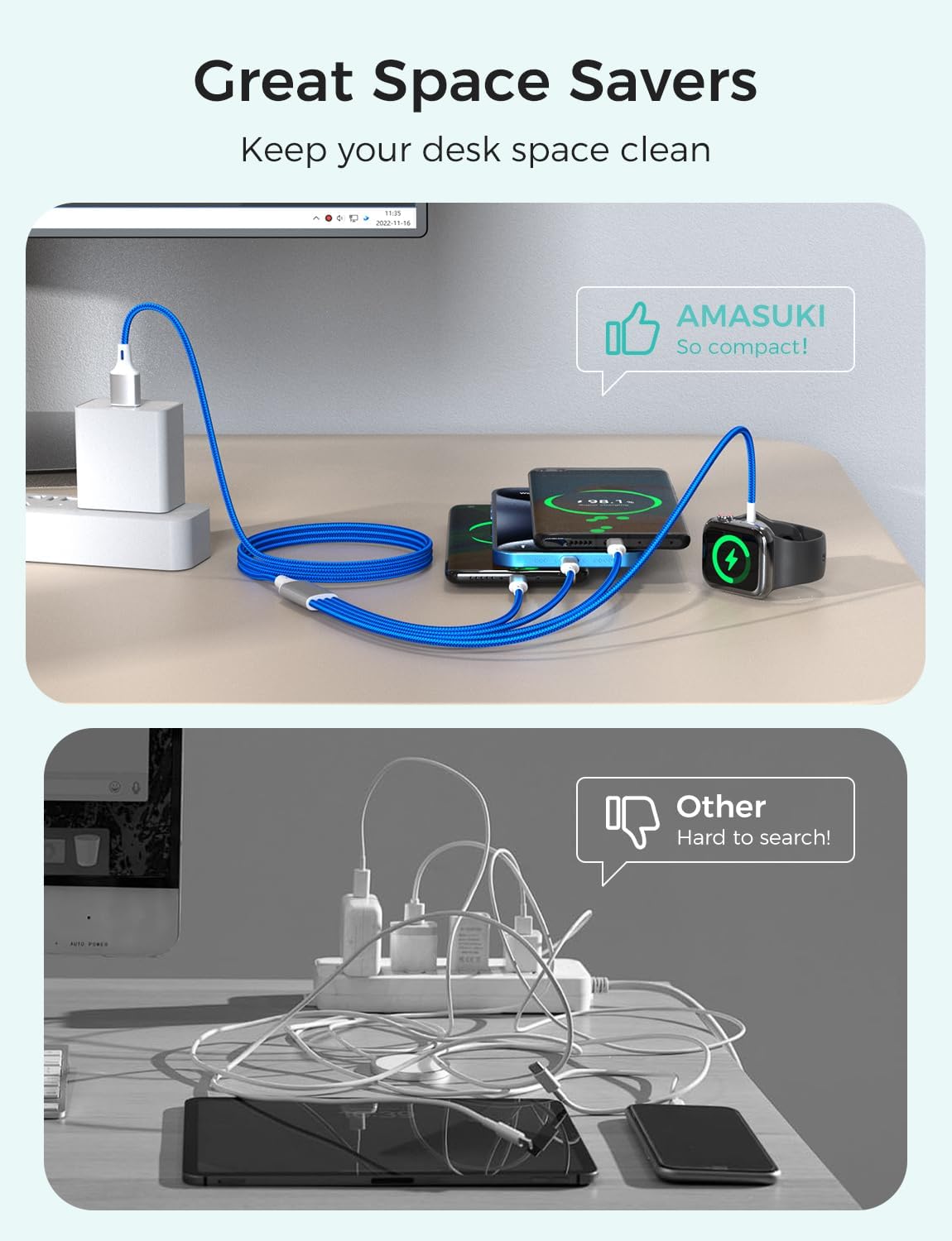2Pack Travel Essentials Multi Charging Cable for Watch Charger 4 in 1 Fast Charger Camping Essentials USB C/L/Micro Compatible with Watch Series 10-1/SE/Ultra Phone 16 15/Galaxy Android-4FT/Blue