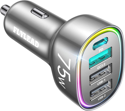 USB C Car Charger Cigarette Lighter Adapter 75W 4-Port Fast Car Charger Fast Charging- Titanium