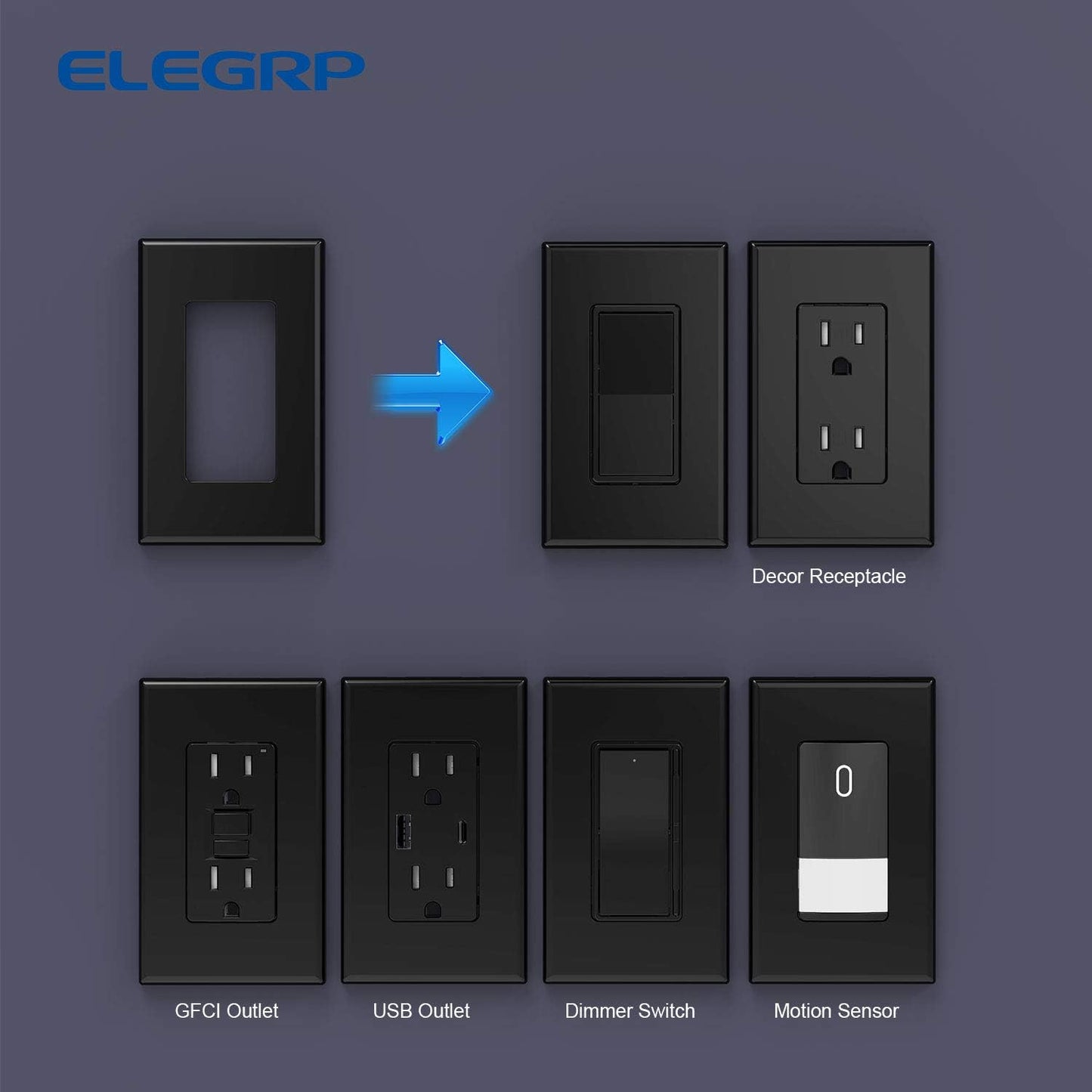 ELEGRP 1-Gang Screwless Decorative Wall Plates, Standard Size Unbreakable Thermoplastic Faceplate Cover for Decorator Receptacle Outlet Switch, UL Listed (5 Pack, Glossy Black)