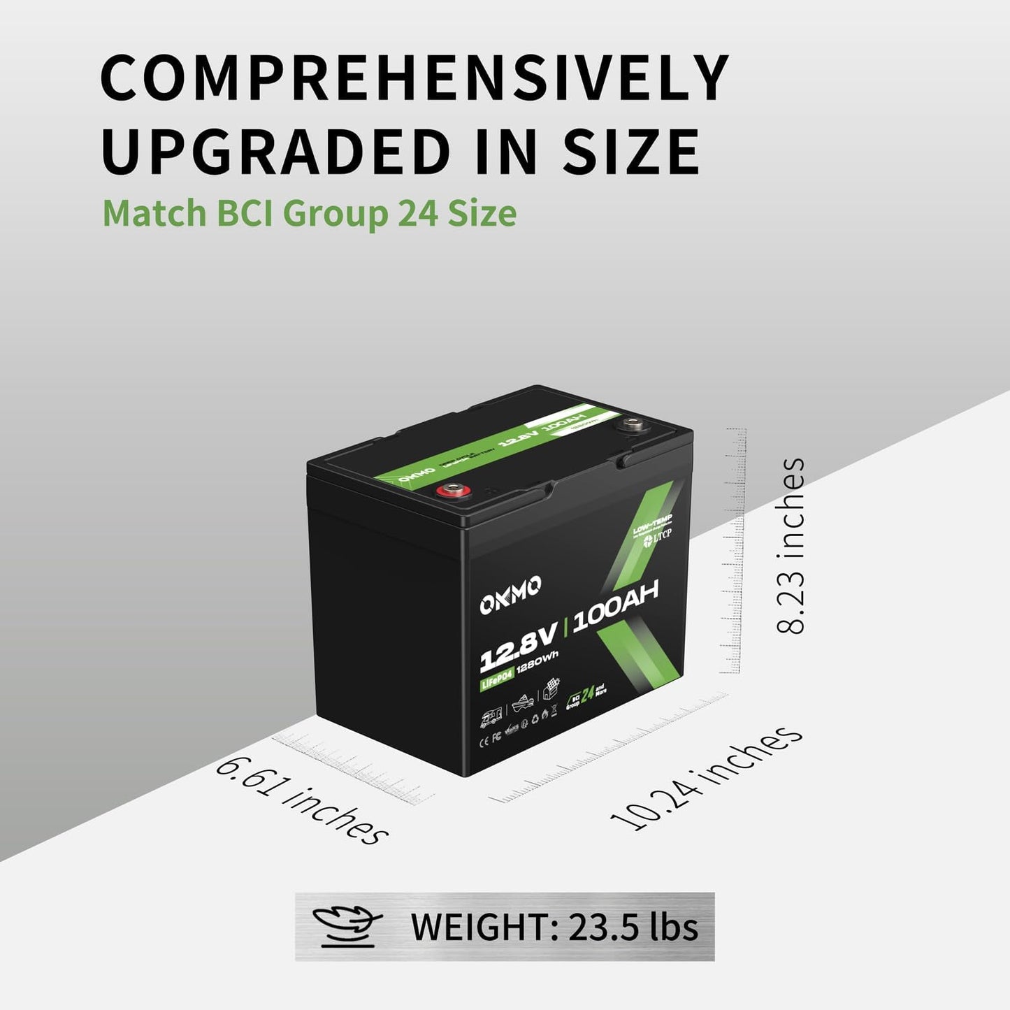 OKMO 12V 100Ah LiFePO4 Battery,Group 24 Lithium Battery 100A BMS，10 Years Lifetime 15000+ Deep Cycles,for Marine, RV, Trolling Motor, Boat, Camper, Solar Home Storage Iron Phosphate Battery