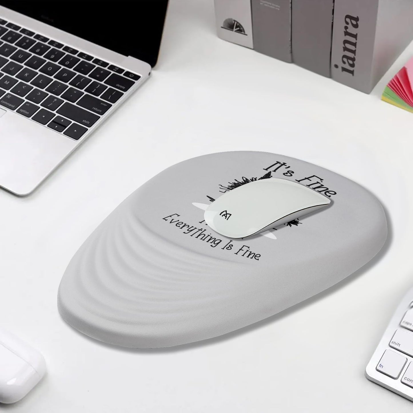 Mouse Pad, Ergonomic Mouse Pad with Wrist Rest Support and Non-Slip PU Base, Desktop Mousepad for Pain Relief, Computer, Office & Home, Grey Cat I'm Fine