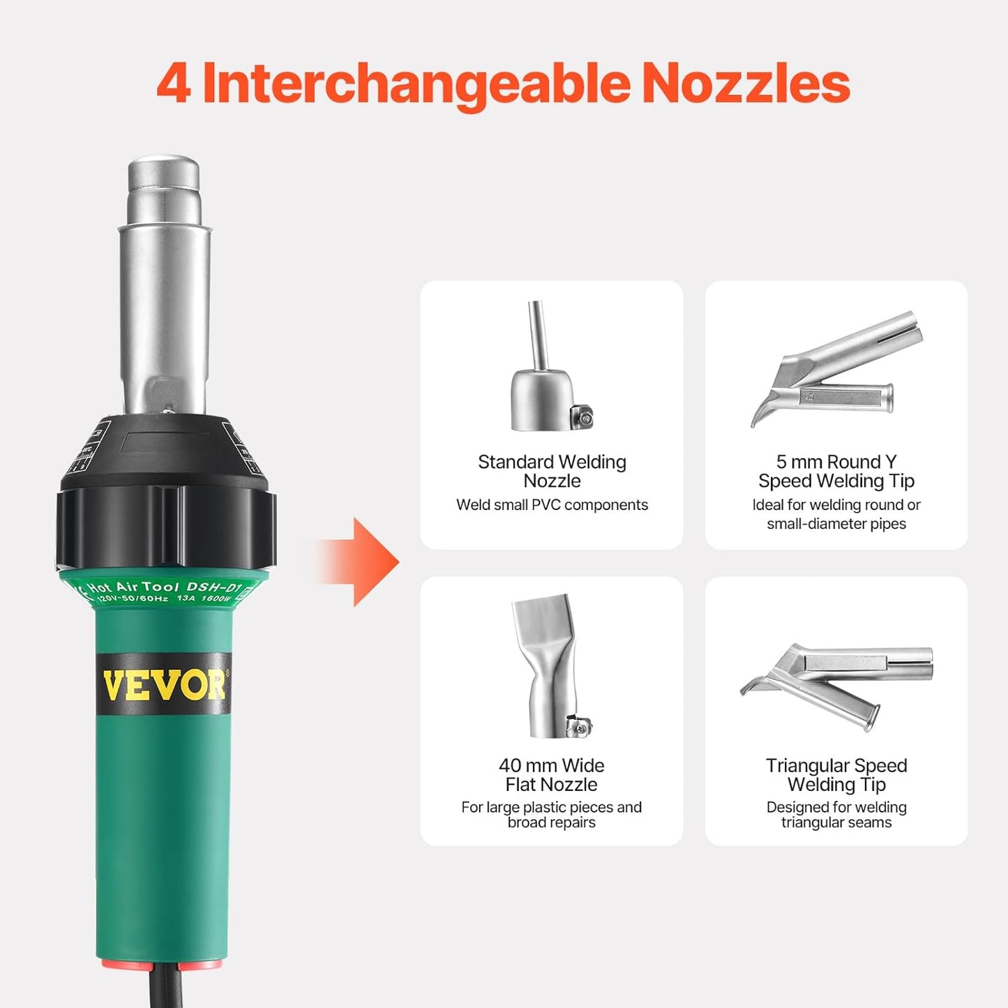 VEVOR Hot Air Plastic Welder, 1600W Hot Air Torch Pistol, 122-1112℉ PVC TPO Vinyl Heat Gun Welding Torch, Plastic Roofing Welding Kit with 11 Accessories- Toolbox, Nozzle, Roller, Blades for PP/PE/PVC