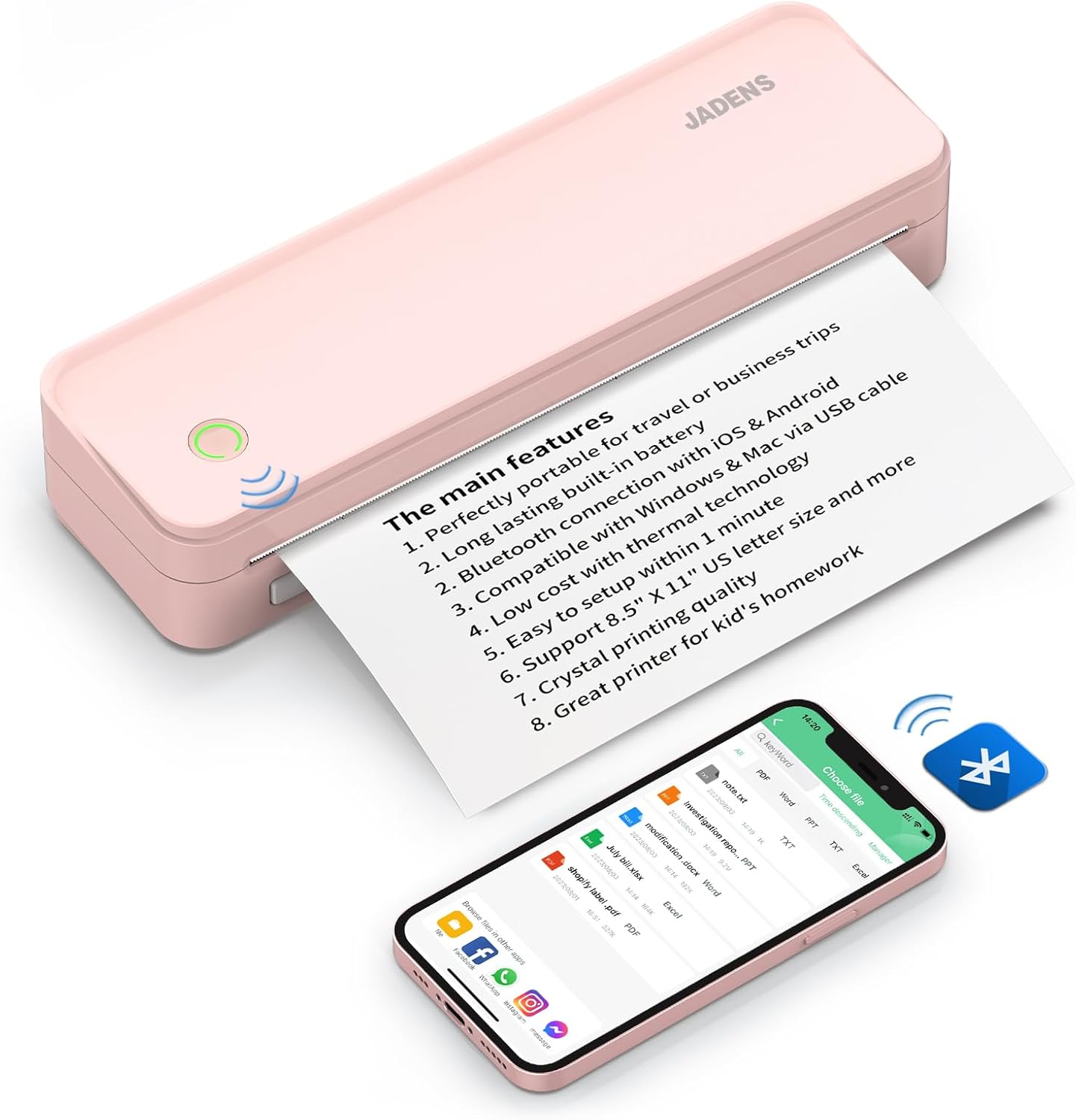 JADENS Pink Bluetooth Thermal Printer, Support 8.5" X 11" US Letter, Portable Printers Wireless for Travel, Inkless Printer Compatible with iOS, Android, Mobile Printer for Home, Office, School
