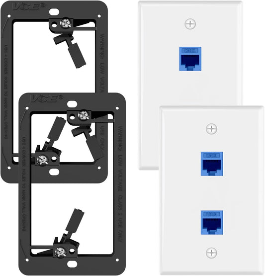VCE 2-Port Ethernet Wall Plate (UL-Listed), CAT6 Wall Plate and Jack, RJ45 Keystone Wall Outlet with Single Gang Low Voltage Mounting Bracket, Blue 2-Pack