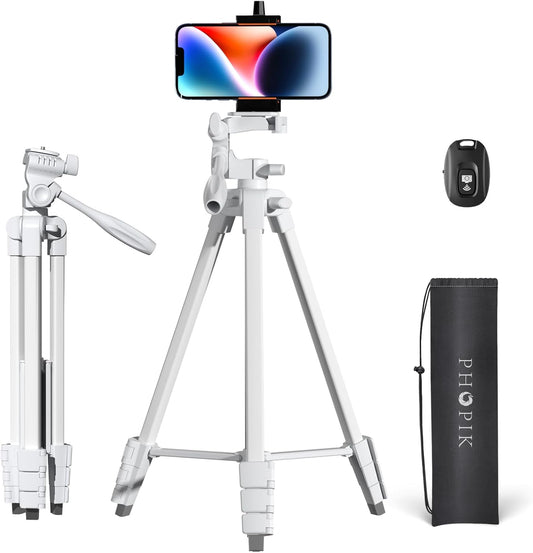 PHOPIK Extendable Tripod Stand - 55" Phone Tripod with 360 Panorama, Shutter-Video, 1/4" Mounting Screw for iPhone/Android/Sport Camera&Insta360 x5 - White