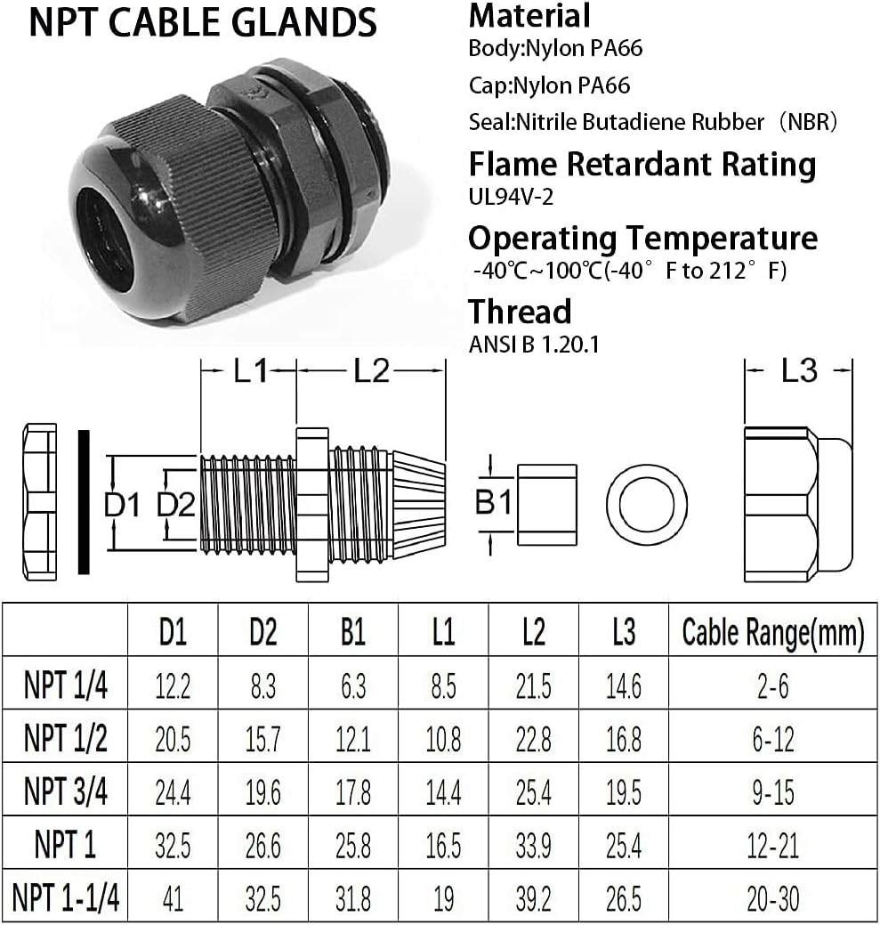 PENGLIN Cable Glands 1/4" NPT Nylon Cable Connector, Strain Relief Cord Connector, IP68 Waterproof Adjustable Locknut(1/4 Inch (20-Pack))