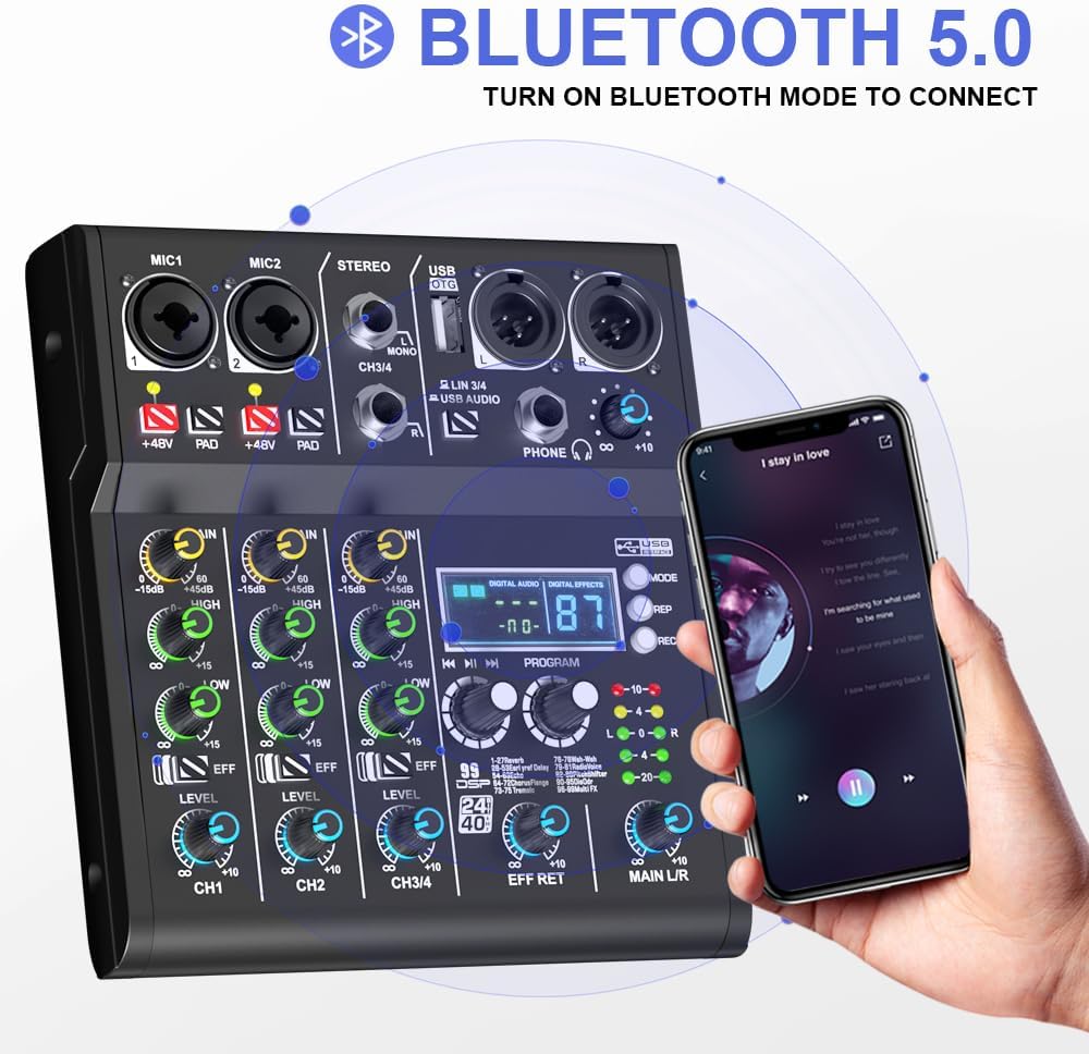 mw-4 black 4Channel Audio Mixer with 99 Sound Effects for PC,Portable Sound Mixing Console with BT USB Recording Input for Live Streaming,Podcasting