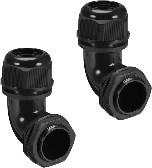 LeMotech M32 Cable Gland, 90 Degree Adjustable 18-25mm Strain Relief, Cord Connectors Nylon Joints with Gaskets, 2 Pcs, Black