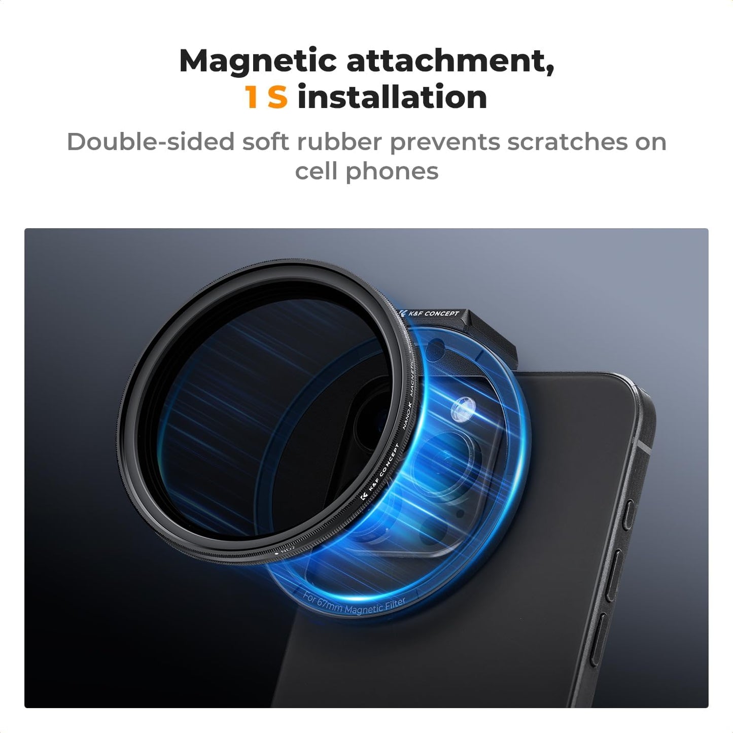 K&F Concept Clip On 67mm Variable ND2-32 Magnetic Phone Lens Filter Kit, Phone Clip with Magnetic Adapter Ring/Cold Shoe/Locking Knob, Neutral Density Filter for iPhone 16 15 Pro Max 14 13