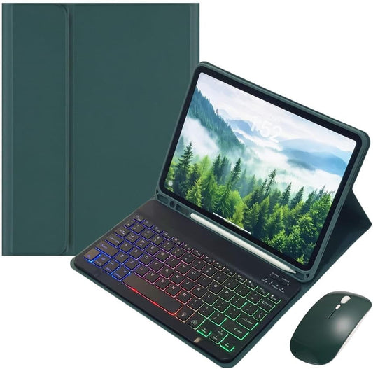 for iPad 9.7 inch 6th/5th Generation, Air 2, Air, iPad Pro 9.7 Keyboard Case with Mouse and Rainbow Backlit Detachable Bluetooth Keyboard Cover,Dark Green+Black