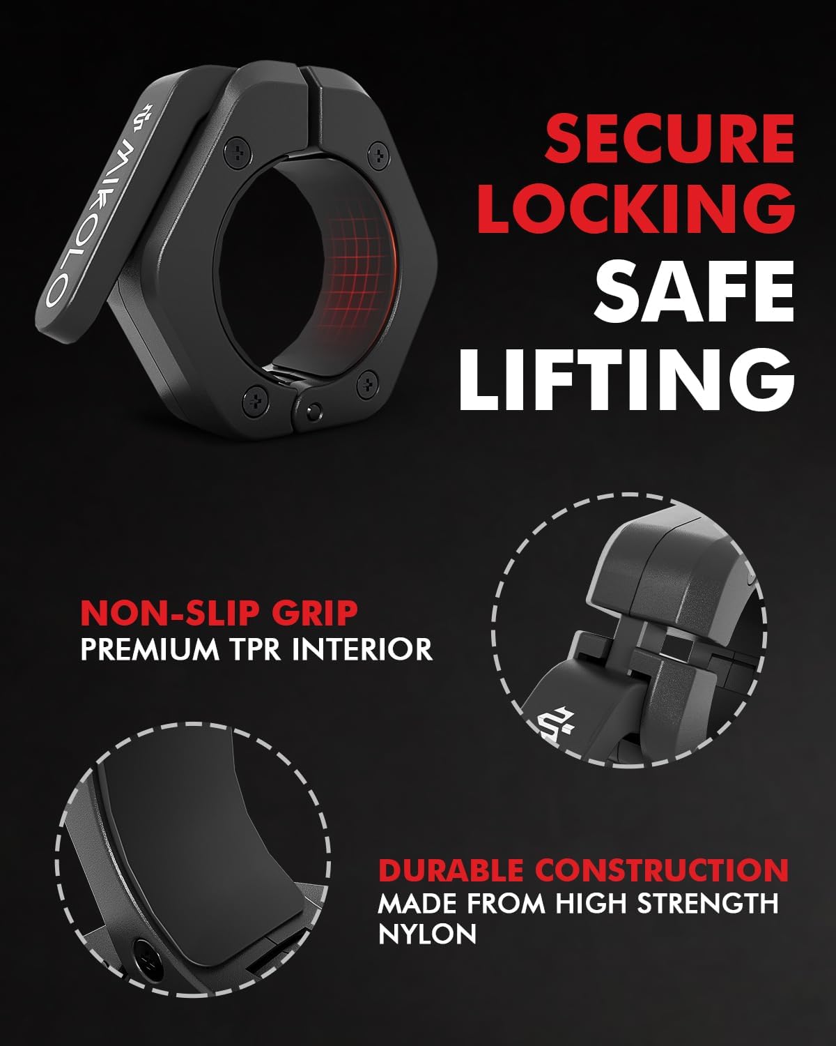 Mikolo Barbell Clamps,2-Inch Olympic Barbell Clips with Anti-Slip TPR Lining and Quick Release for Home and Gym Use