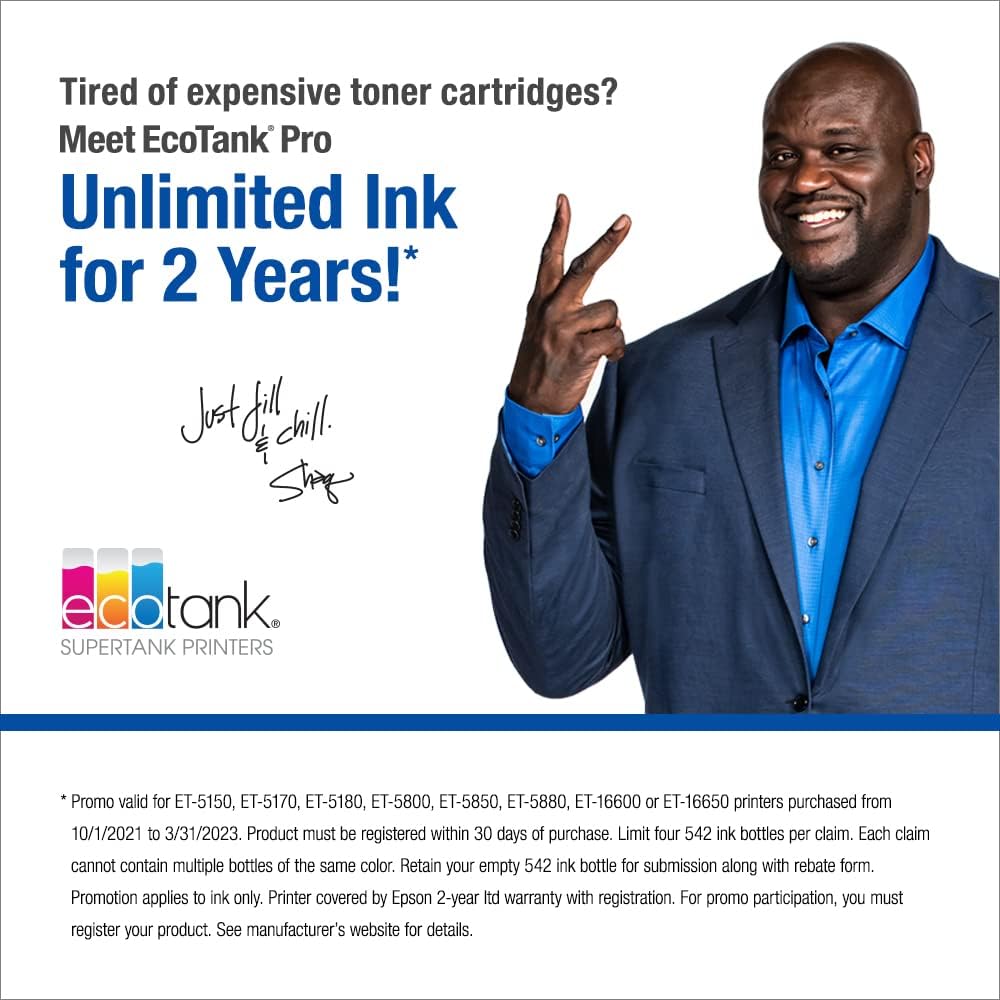 Epson EcoTank Pro ET-5850 Wireless Color All-in-One Supertank Printer with Scanner, Copier, Fax and Ethernet, White & EPSON T542 EcoTank Ink & EPSON T542 EcoTank Ink Ultra-high Capacity Bottle Black