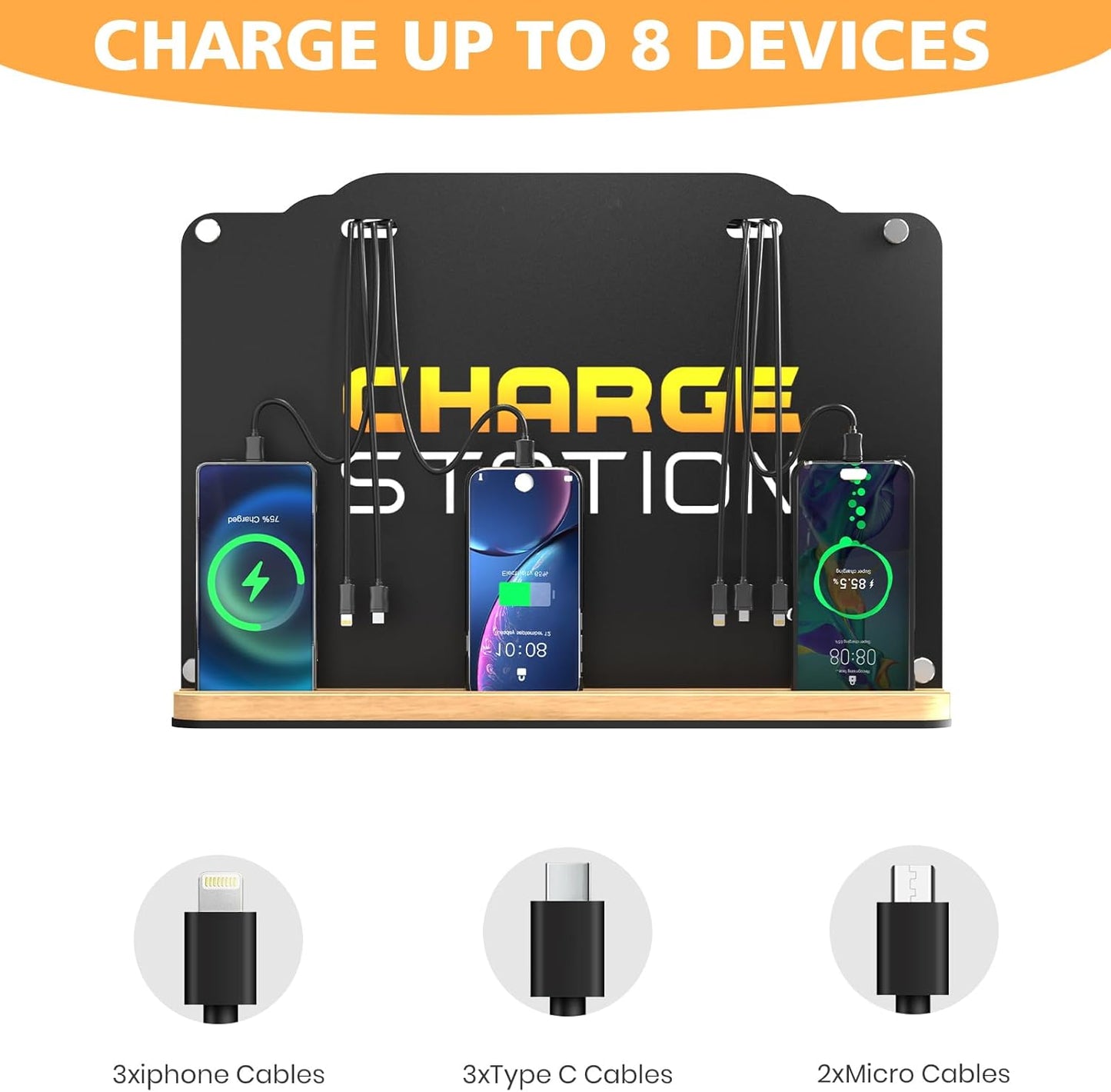 Wall Mount Charging Station with 8 Ports Phone Charger | Advertising Cell Phone Charging Station with Bamboo Organizer | Application for Schools, Office, Library, University