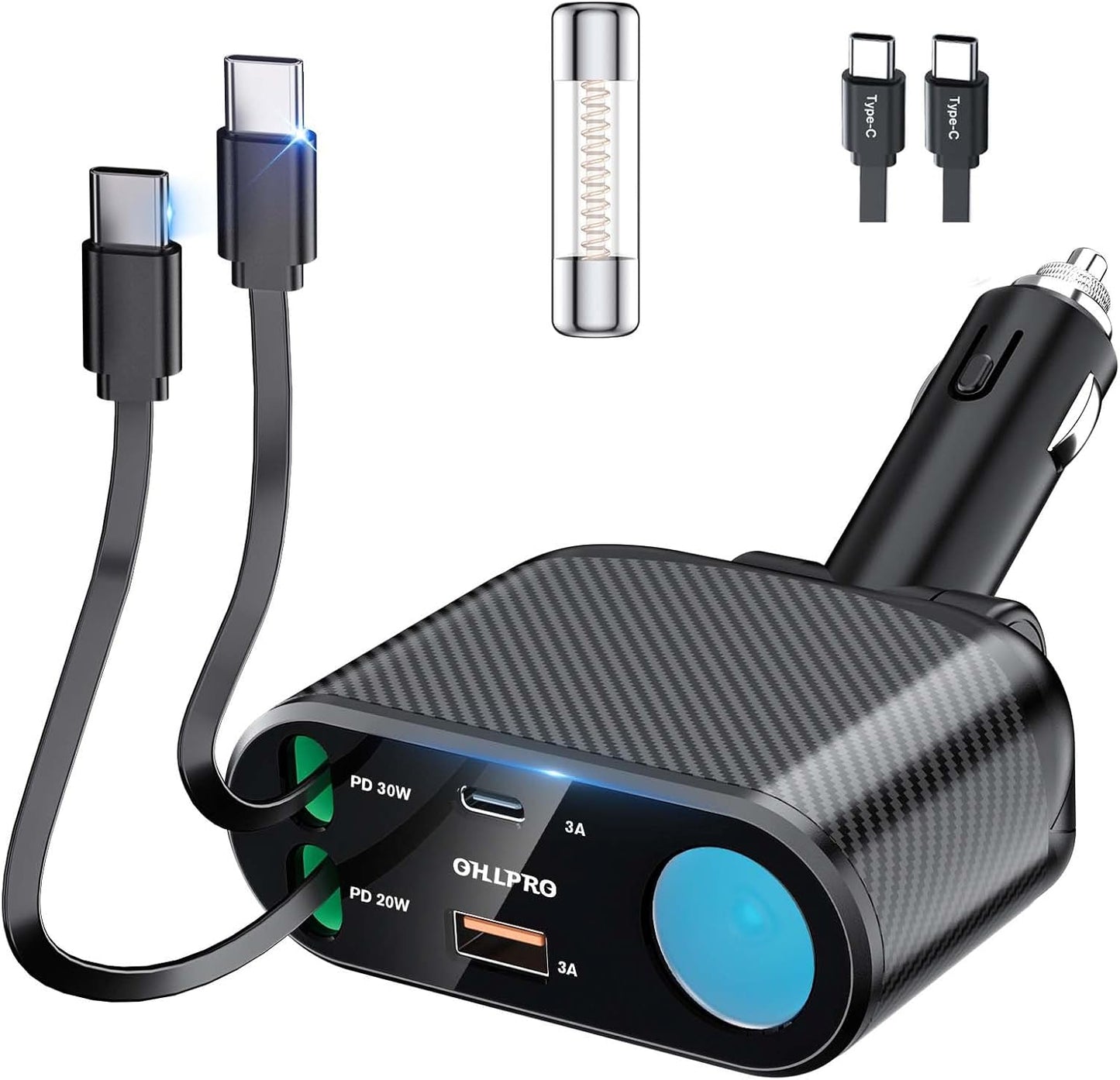 OHLPRO Retractable Car Charger Cigarette Lighter Adapter, 168W 5 in 1 Fast Phone Charging Built-in Replaceable Fuse, Socket Splitter with Dual USB-C Cords, Fit for Phone, iPad, Galaxy, GPS