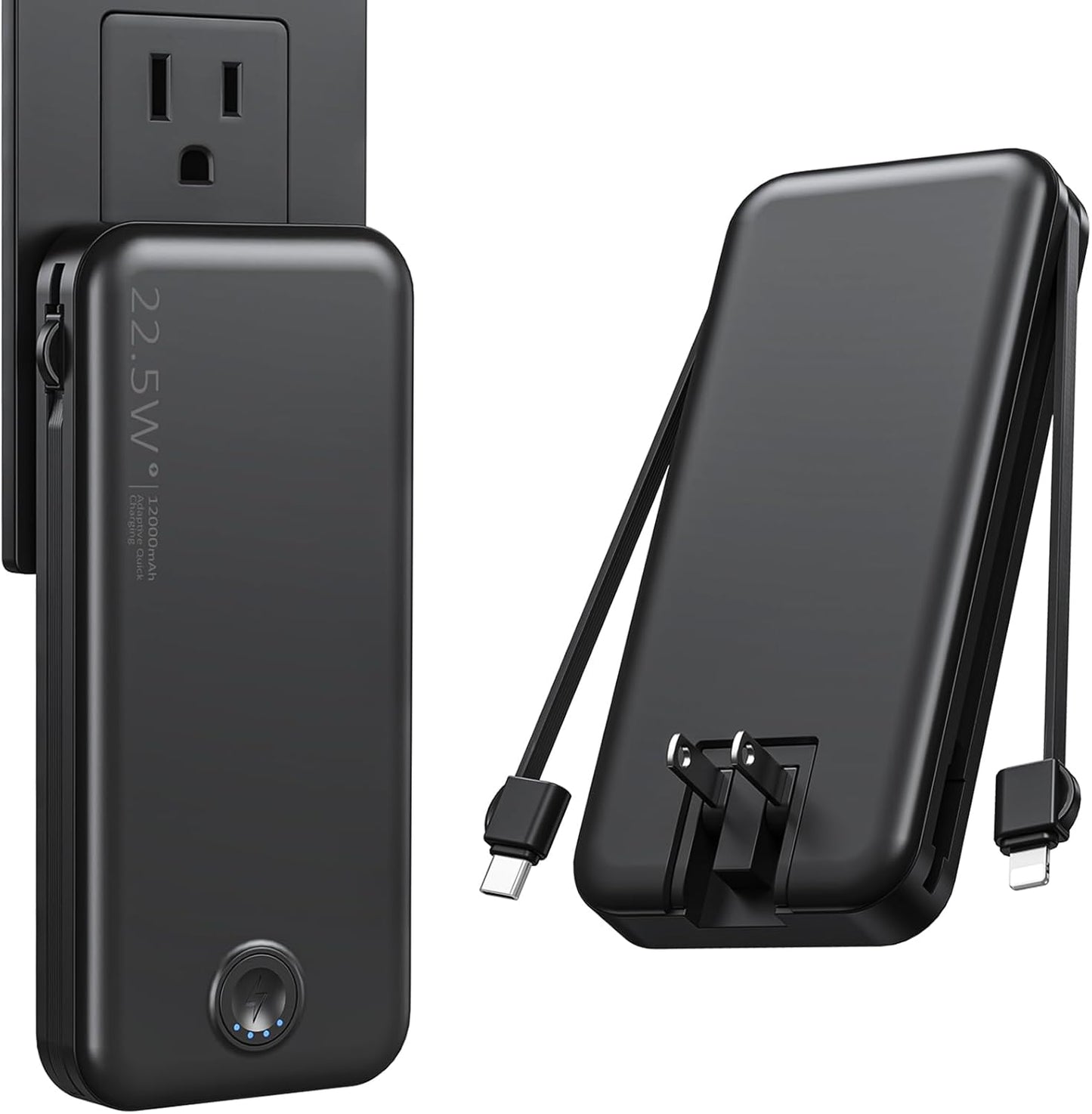 Portable Charger with Built in Cable and AC Wall Plug, USB C Power Bank 12000mAh 22.5W Super Fast Charging, Lightweight Portable Phone Charger Travel Battery Pack for iPhone, ect