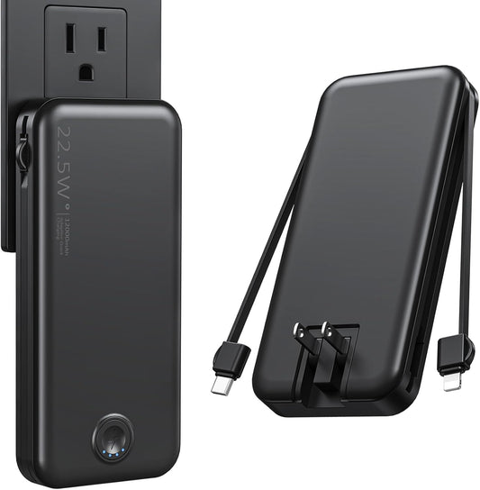 Portable Charger with Built in Cable and AC Wall Plug, USB C Power Bank 12000mAh 22.5W Super Fast Charging, Lightweight Portable Phone Charger Travel Battery Pack for iPhone, ect