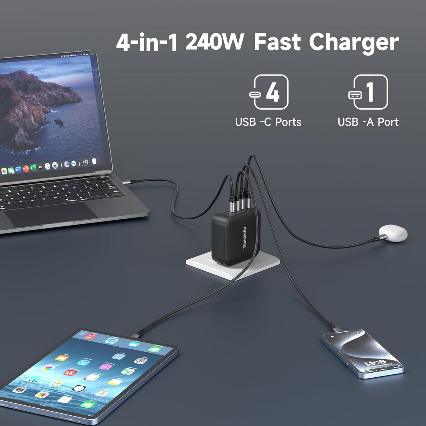 240W GaN Charger, 4-Port USB C Fast Charging Station with 140W Max PD 3.1 Port, Compact Travel Wall Adapter for MacBook Pro/Air M3/M2/M1, Laptops, iPhone 15/14, Galaxy S24/S23, iPad, Steam Deck