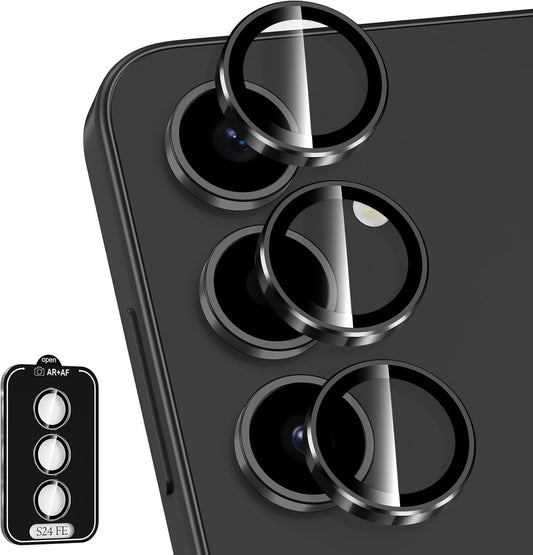 for Samsung Galaxy S24 FE Camera Lens Protector, Individual Metal Ring Tempered Glass Lens Cover, [Strong Adsorption] Scratch Resistant Ultra-Thin HD Clear Lens Cover, 1 Set-Black Ring