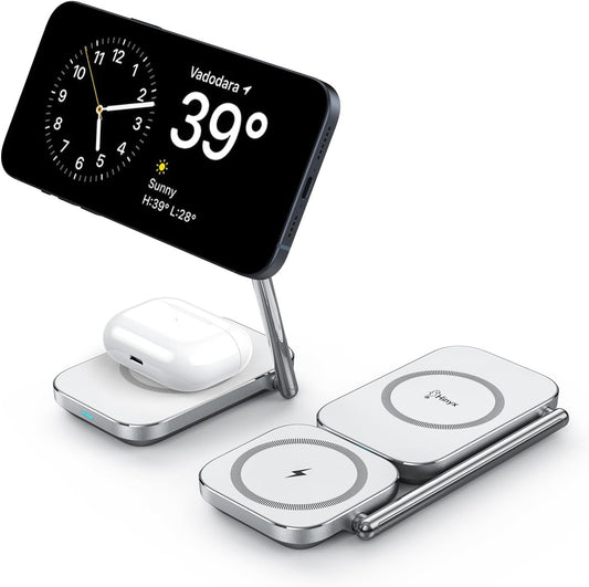 2-in-1 Magsafe Charger Stand, Zinc Alloy Foldable Magnetic Wireless Charger, 20W Portable Fast Wireless Charging Station for iPhone 15/14/13/12 Series, AirPods 3/Pro/2