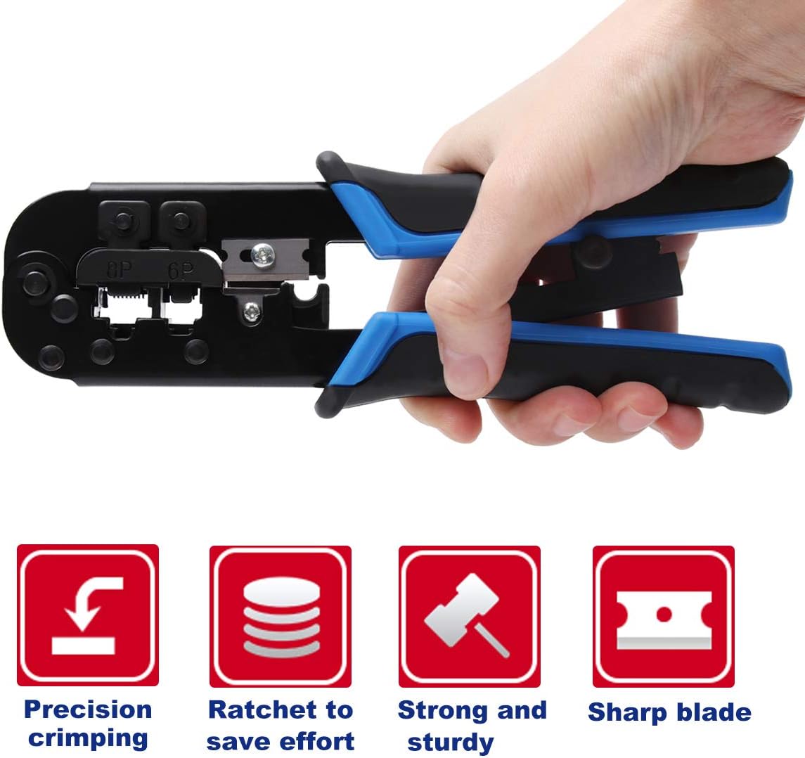 Delgada RJ45 Ethernet Network Crimping Tool Kit for Cat6 Cat5e Cat5 Crimp Tool, with 10pcs Cat5 Cat5e Connectors, 10pcs Covers, Network Cable Tester, Cutter and Stripper