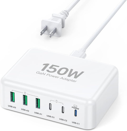 USB C Fast Charger, 150W 6 Port Desktop PD GaN Fast Charger Charging Station Block 65W USB C Laptop Power Adapter for MacBook Pro/Air iPad iPhone 16 15 14 13 Pro Max Galaxy S24 Note 20 Pixel