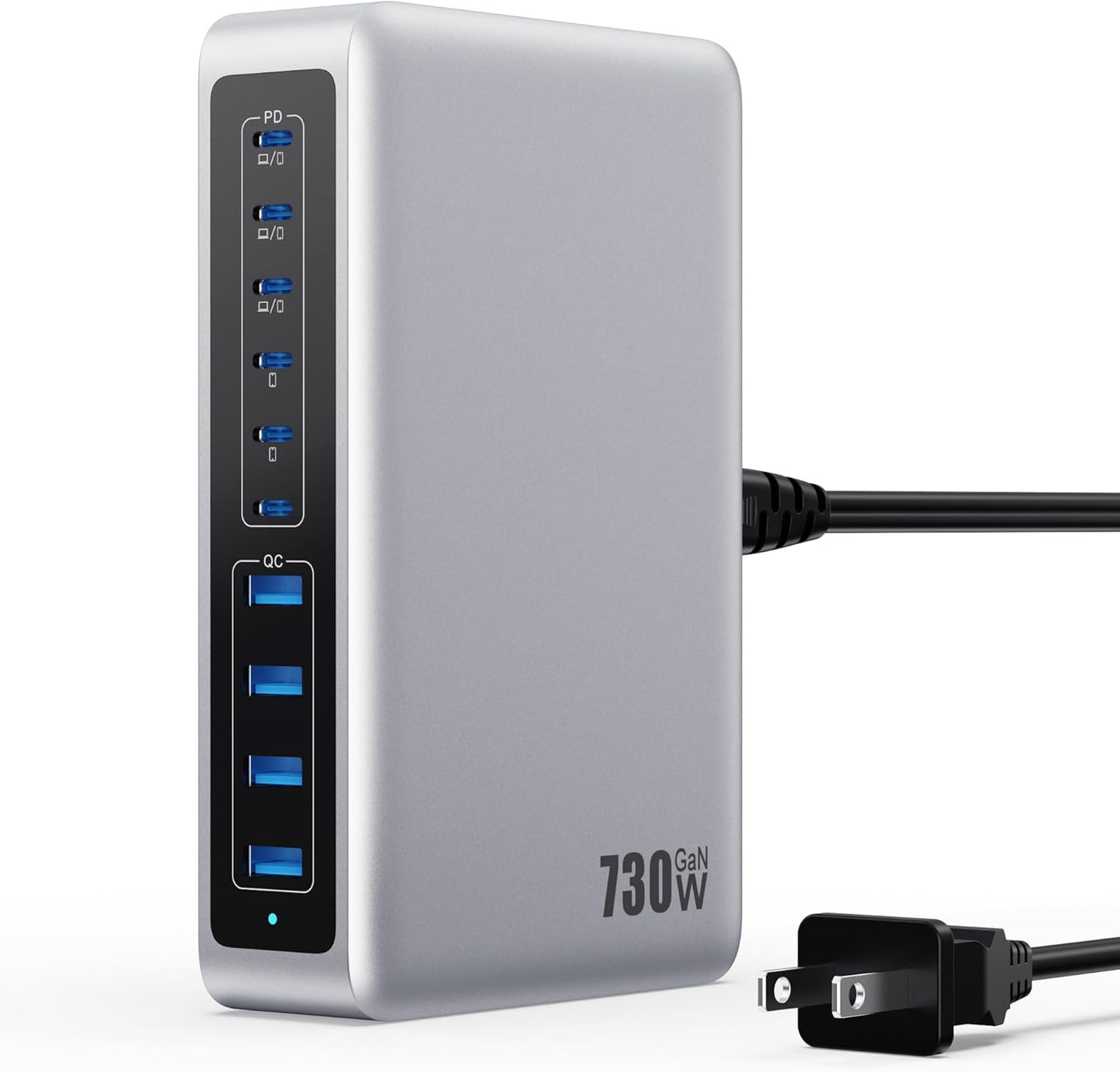 730W USB C Charger Block,10-Ports GaN V Fast Charging Station Hub,QC4.0+3 PD 100W Laptop Charger Wall Power Adapter for MacBook Pro/Air,DELL,iPhone 16/15/14/13,iPad,Galaxy S25,Pixel,Steam Desk-Silver