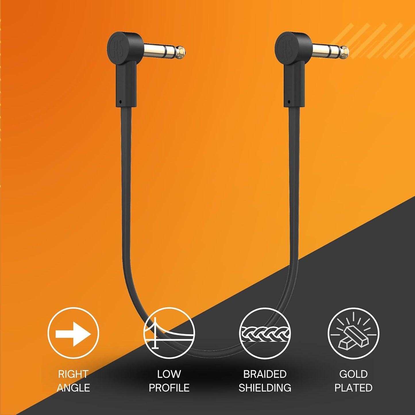 Rock Stock 1/4" Stereo TRS Flat Patch Cables - 6" Ultra-Thin, Right Angle, Low Profile, Gold Plated, Braided Shielding - Maximize Pedalboard Space, Eliminate Noise, Connect Guitar Effects Pedals