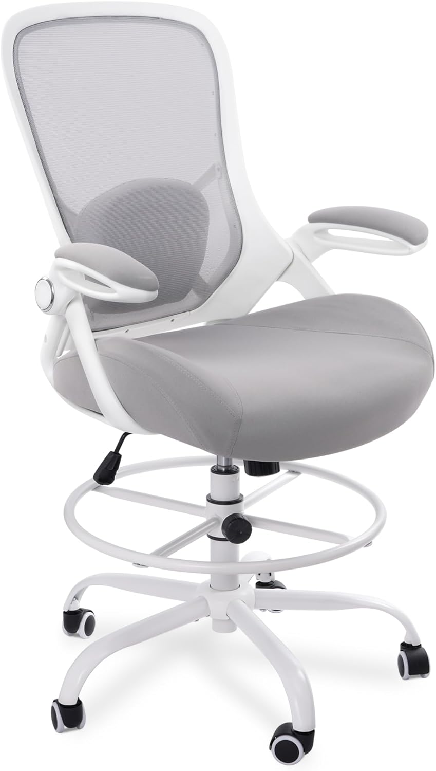 HYLONE 400lbs Heavy Duty Drafting Chair 5" Thickened Seat Office Chair with Flip-Up Armrests Tall Ergonomic Computer Chair with Lumbar Support and Adjustable Footrest Ring Standing Desk Chair (Grey)