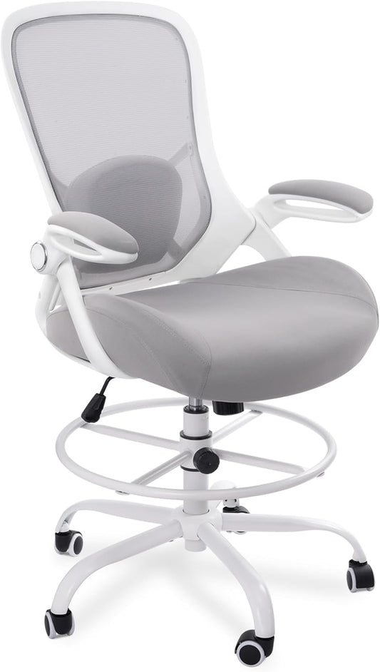 HYLONE 400lbs Heavy Duty Drafting Chair 5" Thickened Seat Office Chair with Flip-Up Armrests Tall Ergonomic Computer Chair with Lumbar Support and Adjustable Footrest Ring Standing Desk Chair (Grey)