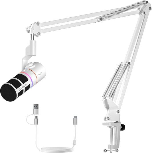 COMICA EJoy D10(A) USB Gaming Microphone – Boom Arm Mic with Noise Cancellation, XLR/USB-C, Real-Time Monitoring, Muting, RGB Professional Studio Mic for Gaming, Streaming, Podcast, Recording (White)