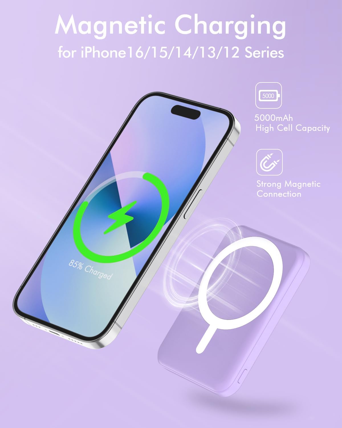 podoru for Magsafe Battery Pack, 5000mAh Magnetic Power Bank with Type-C Cable 20W PD Fast Charging Lighting Input Wireless Portable Charger for iPhone iPhone 16/15/14/13/12/ All Series-Purple