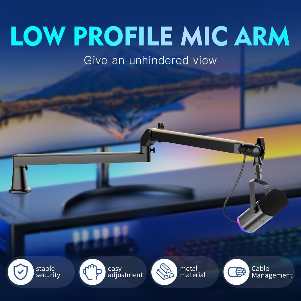 Low Profile Mic Arm 15cm Extra Riser Adjustable Mic Boom Arm Metal Desk Mounted Microphone Stand Cable Management Flexible Microphone Holder for Podcast Streaming Gaming Desktop