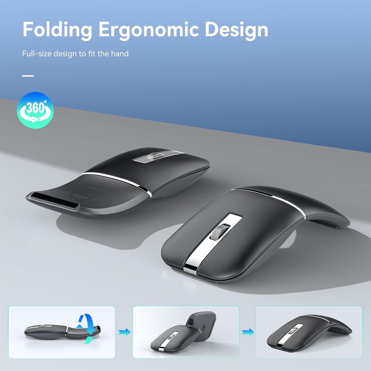 WFB Wireless Arc Mouse for Laptop,Bluetooth USB Rechargeable Computer Mice,Rotatable Rotating Ultra Slim,3 DPI for Desktop PC MacBook Pro Chromebook Lenovo Device Travel