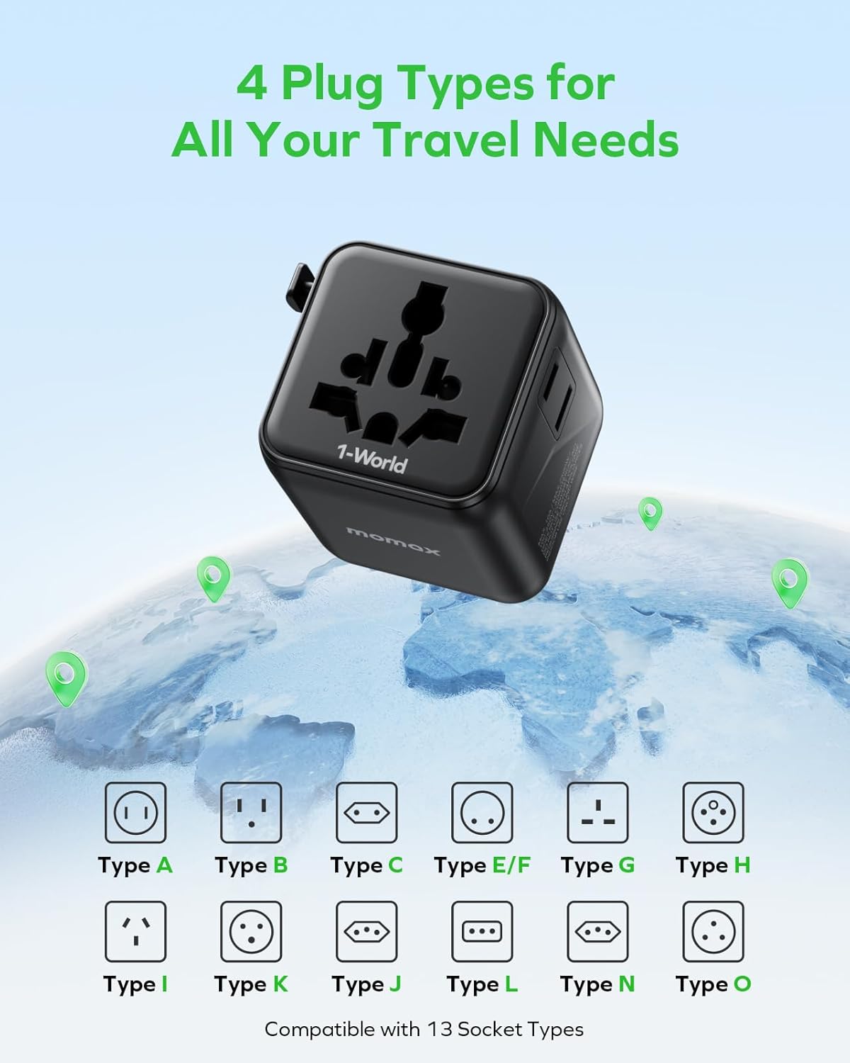 MOMAX Mini Universal Travel Adapter Worldwide, 2 AC, All European Travel Plug Adapter UK, Travel Essentials for US to Europe Adaptor, All-in-One Wall Charger for AUS JP (No USB Port)