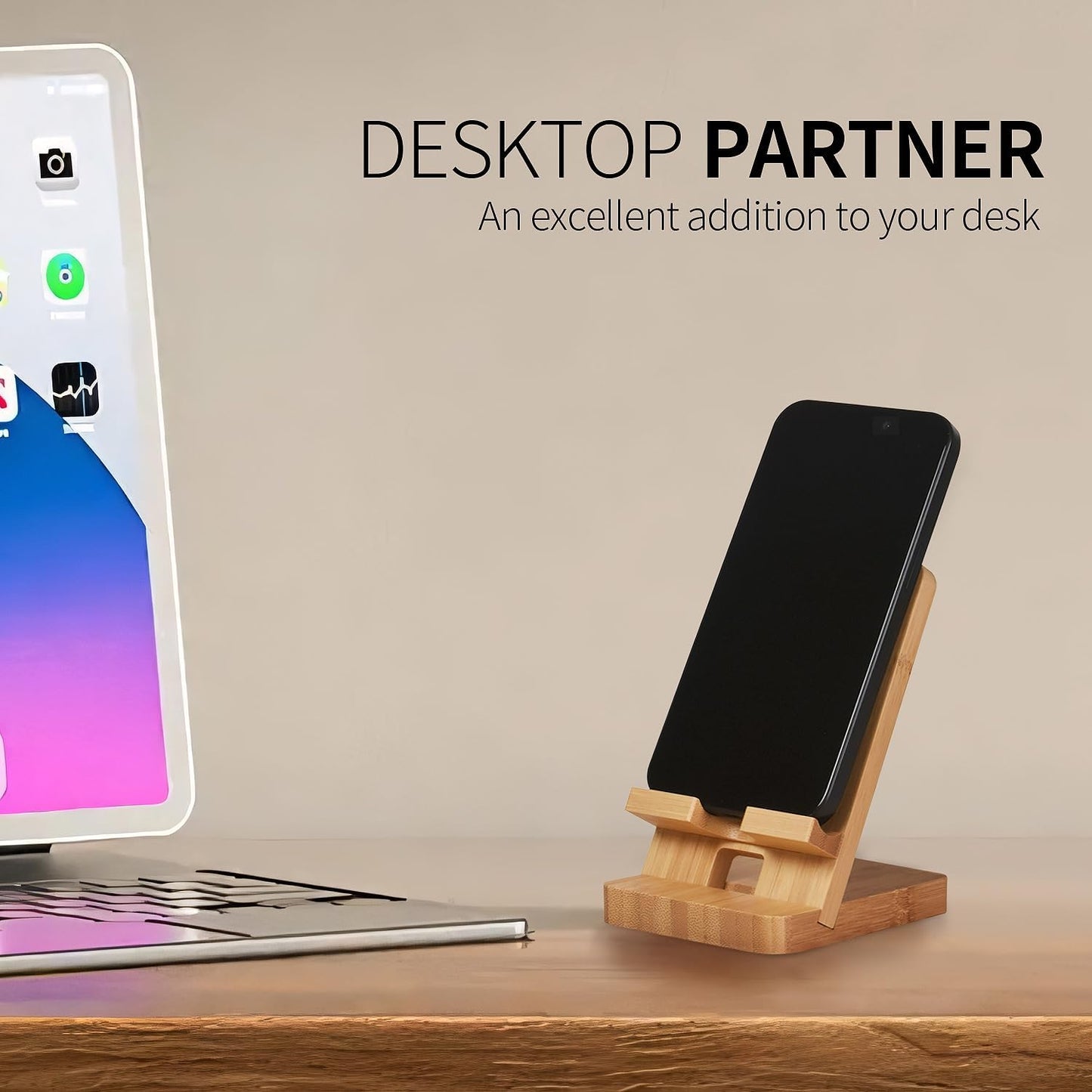 Wood Phone Stand, Desktop Wooden Phone Holder, Portable Office Phone Stand for Desk, Wood ipad Stand， Compatible with iPhone & All Cell Phones (Bamboo)