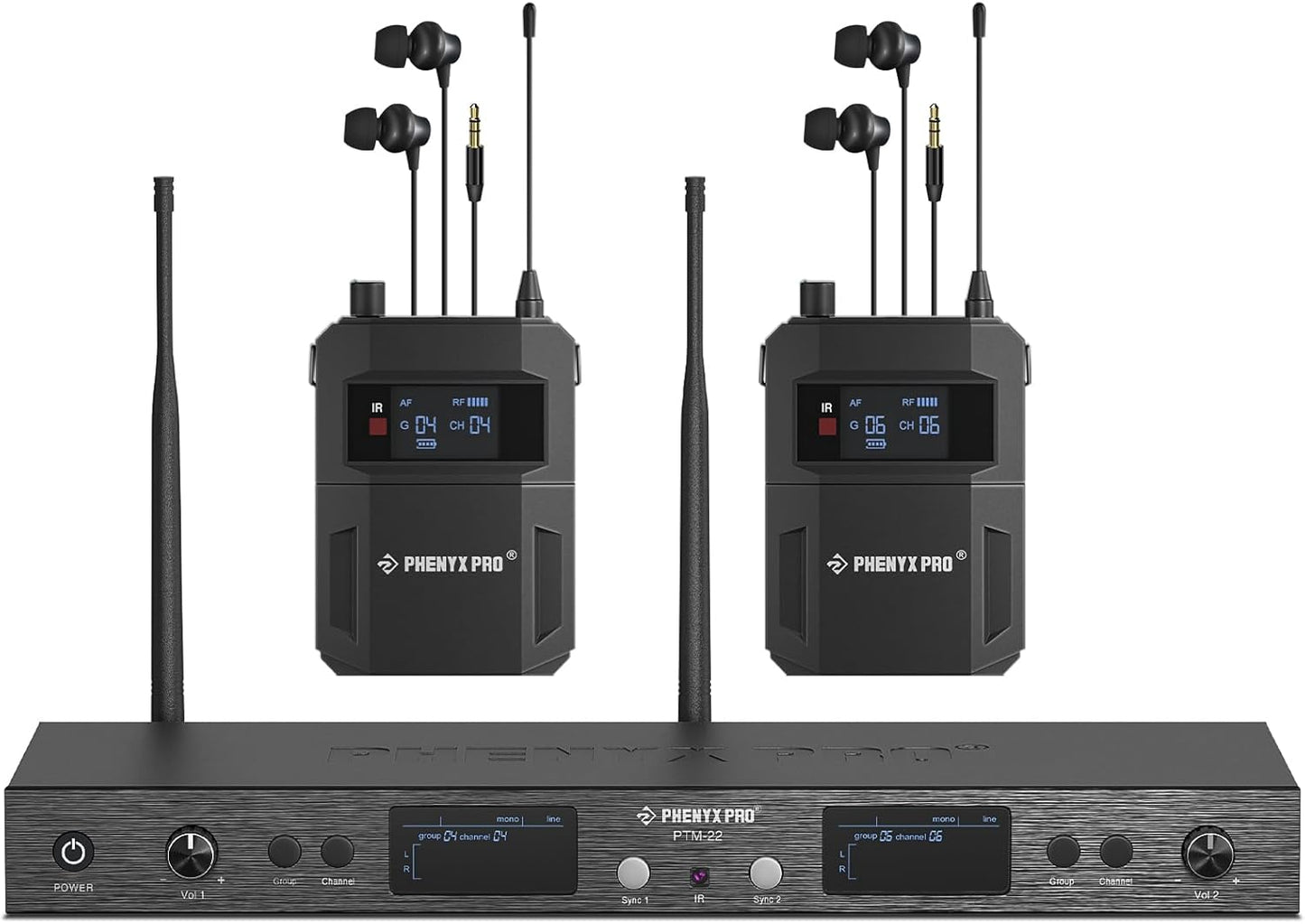 Phenyx Pro UHF Mono Dual Wireless in-Ear Monitor System, Metal Wireless IEM System, Sturdy Bodypack Receiver, 2x50 Frequencies, Separate Outputs,164ft Operation, Suitable for Band and Studio (PTM-22)