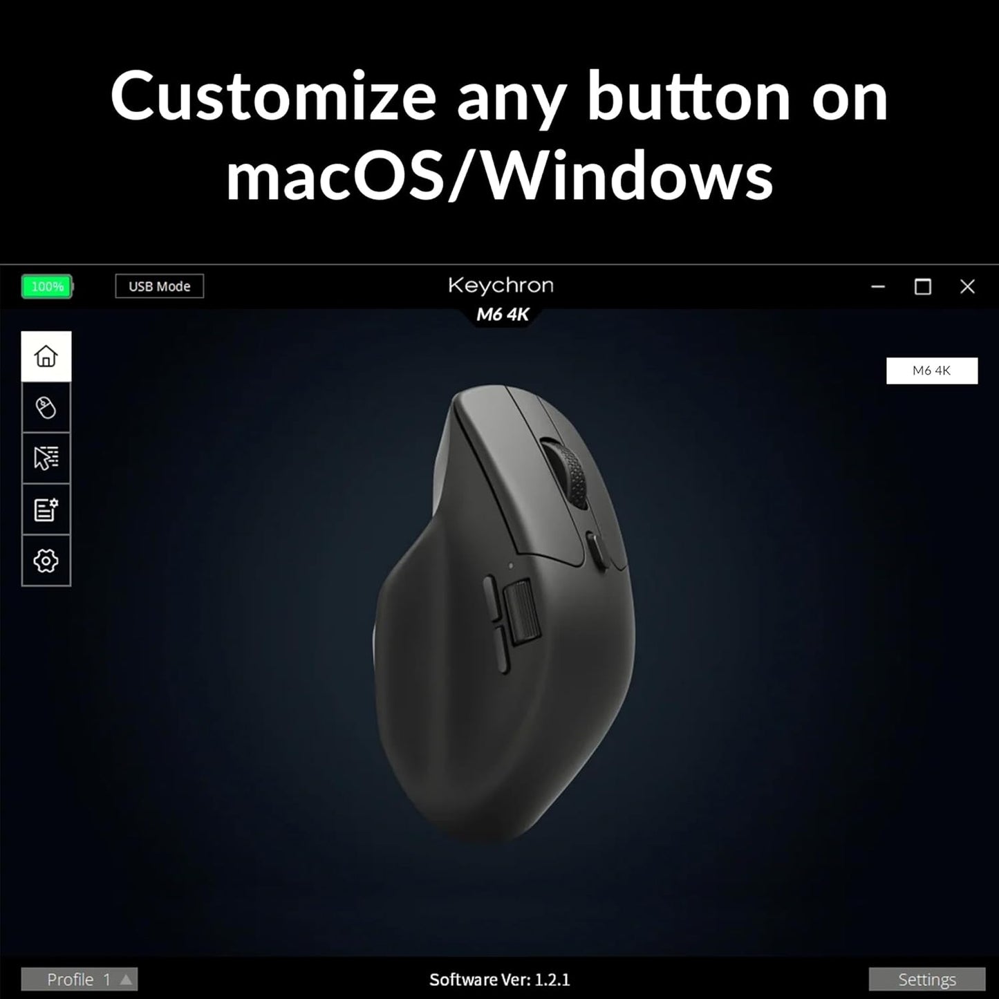 Keychron M6 4000 Hz Wireless Bluetooth 5.1/2.4 GHz/Wired Optical Mouse, Lightweight 78g Programmable PixArt 3395 Sensor with up to 26K DPI/ 650 IPS for Windows Mac Linux - Black