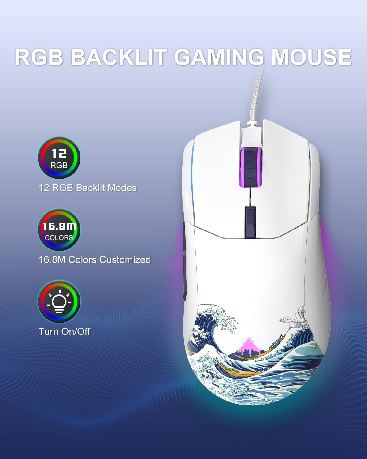 COSTOM Womier G705 USB Wired Gaming Mouse for PC Computer Windows Mac Laptop, Lightweight Silent RGB Backlit Mouse with Adjustable 12000DPI/7 Programmable Side Buttons,White Kanagawa Theme