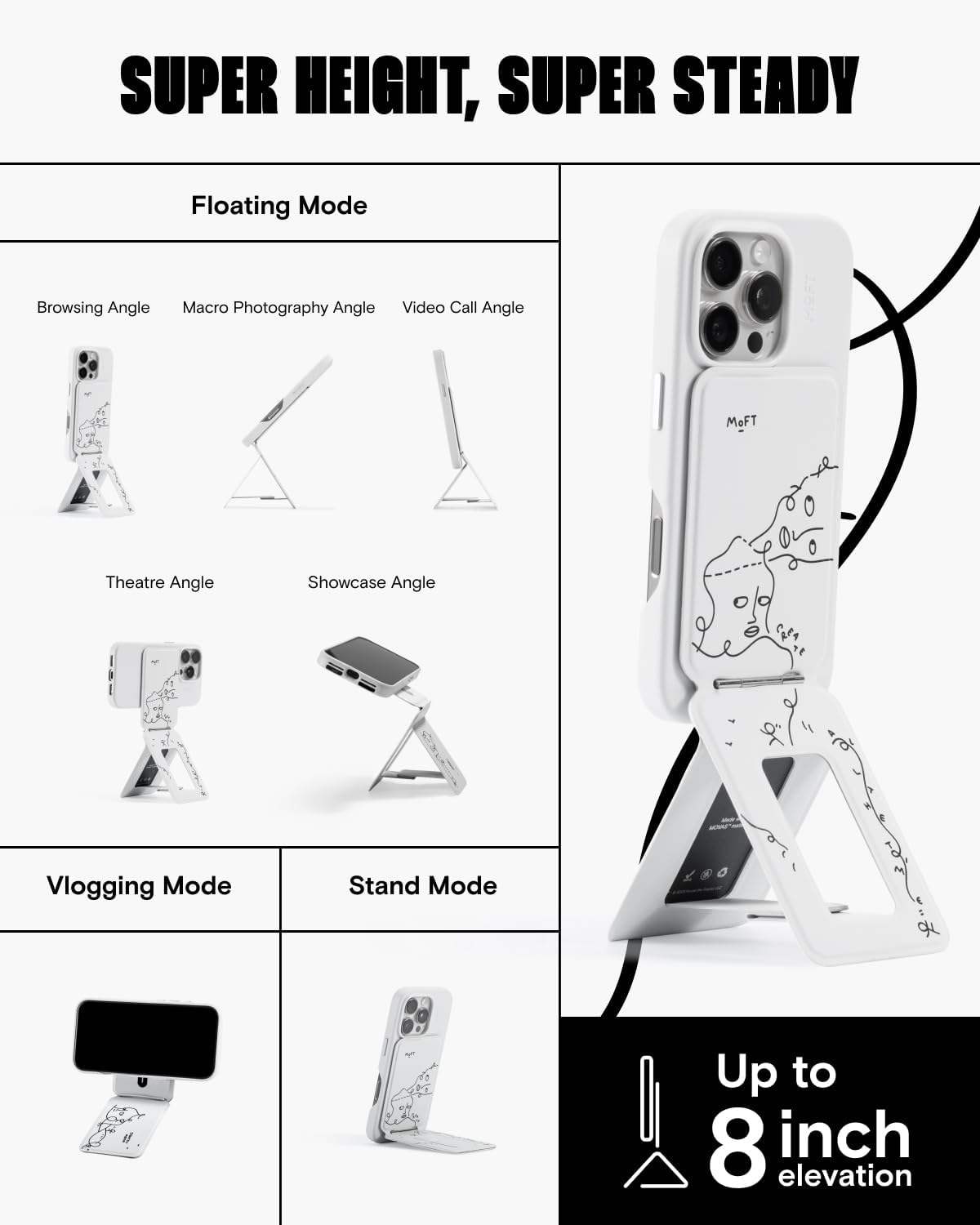 MOFT x Shantell Martin Phone Tripod Stand Selfie Stick for iPhone, Multi-Angles iPhone Stand, Lightweight & Portable Phone Holder, Strong Magnets, MOVAS Vegan Leather, Misty Cove (Without Card Slot)