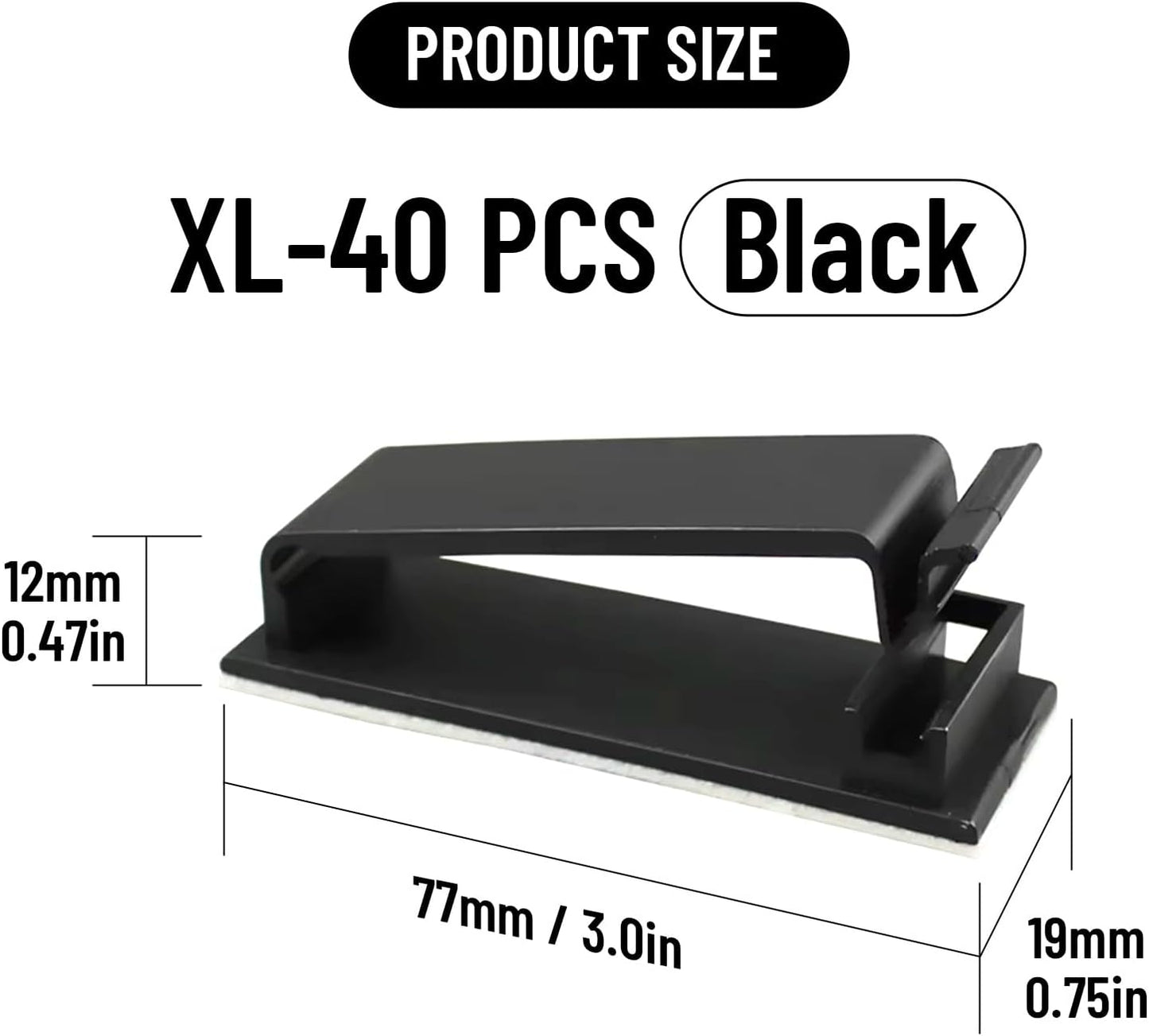 Adhesive Cable Clips Holder, Outdoor Light Clips, Black Cord Wire Clips, Sturdy Nylon Cord Wall Finisher Wire Clamp for Home, Car, Office Desk Wire Management (Black, XL-40 PCS)