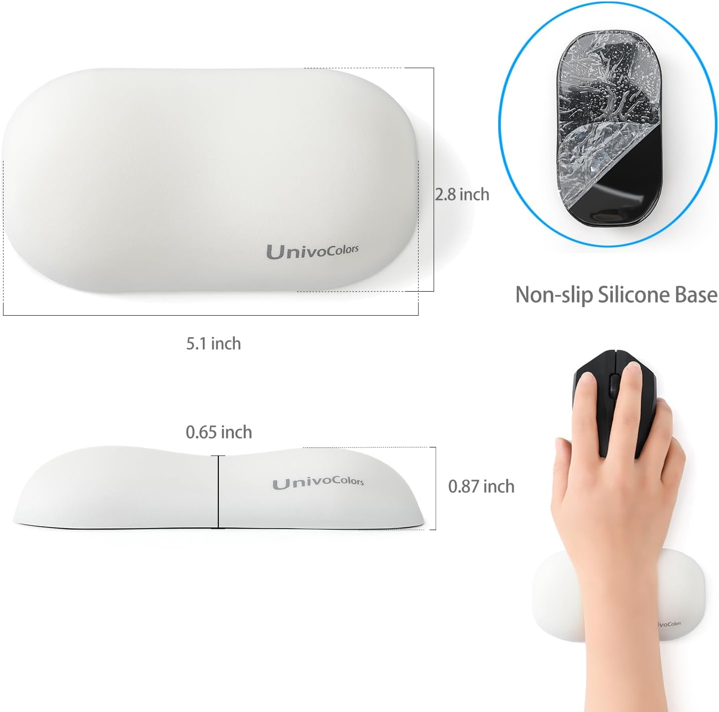 UnivoColors Design-Wave Wrist Rest, Artificial Sheepskin+Memory Foam+Ergonomic+Anti-Slip Gel, Resilience Support During Work and Gaming,Mouse Accessory,White